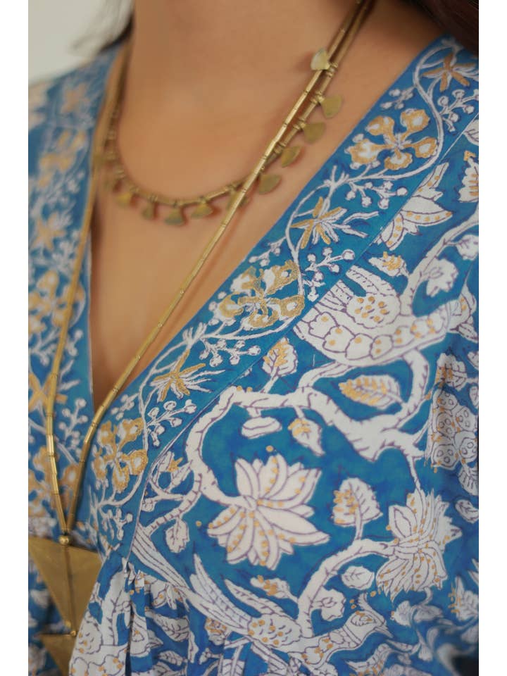 The Fox and The Mermaid - Wholesale Dress - Women's - Block Printed Cotton Bell Sleeve Dress (Gold/Blue)