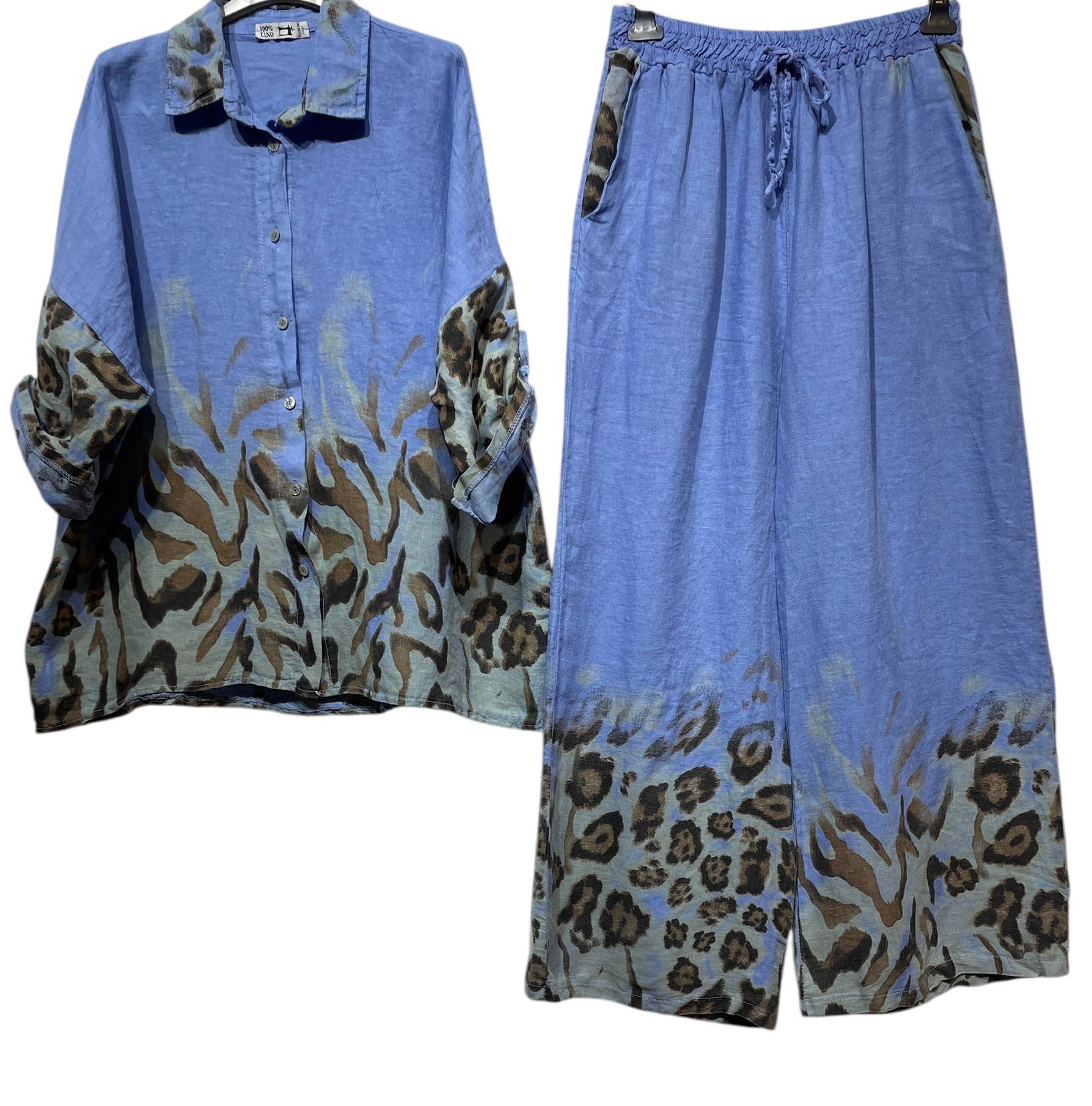 LINEN & COTTON HOUSE – Engroshandel Overdelssæt – til kvinder – Leopardmønstret hørskjorte og bukser sæt 09002 4840323