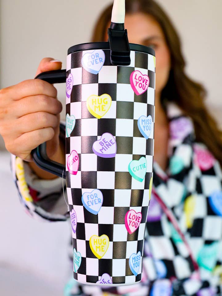 Checkered Conversation Hearts Sleek Tumbler for wholesale by Jess Lea