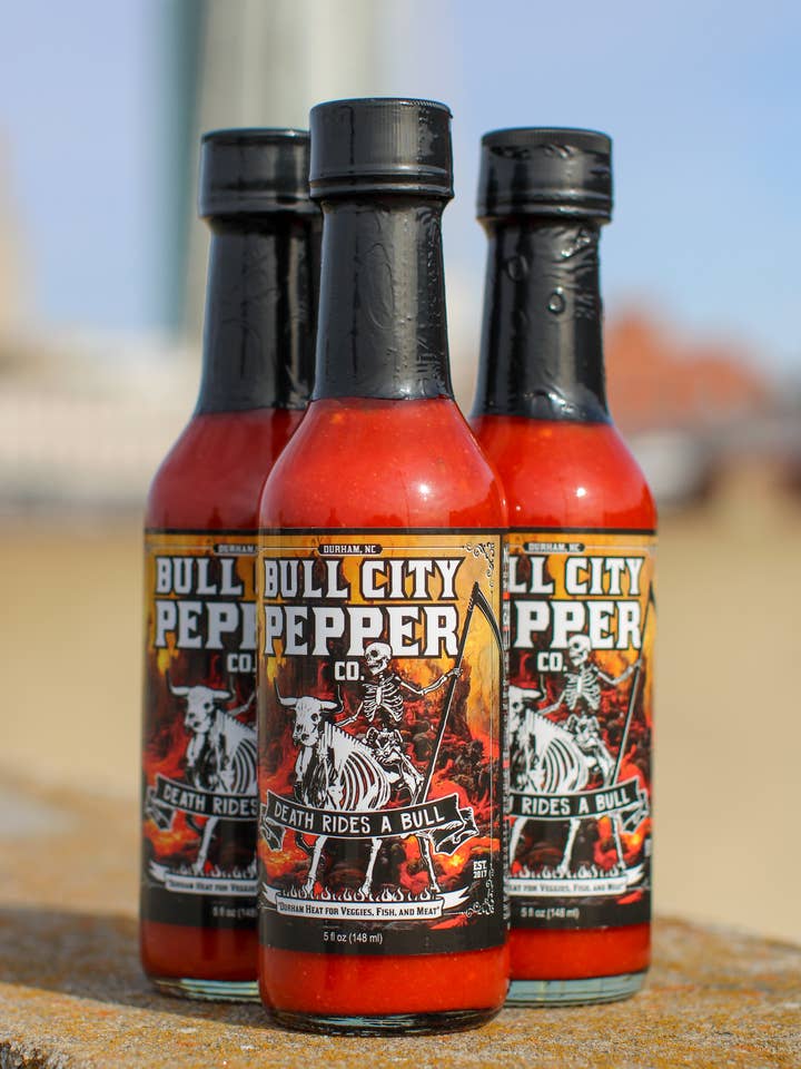 Death Rides A Bull Hot Sauce - Pack of 12 for wholesale by Bull City Pepper Co.