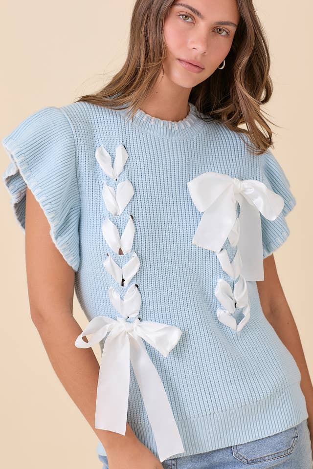 Main Strip - Wholesale Knit Sweater - Women's - Weaved Ribbon Bow Detail Sweater Knit Top