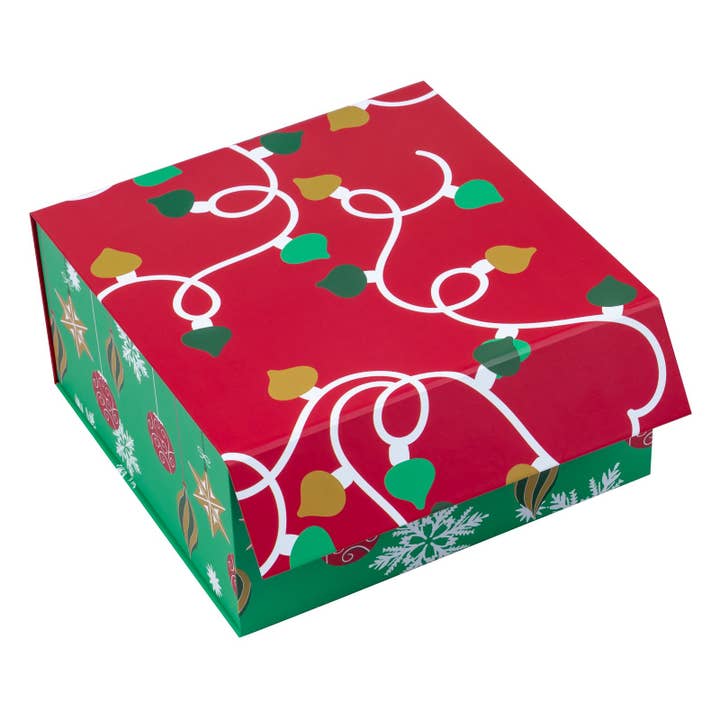 LA Ribbons Wholesale - Wholesale Gift Box - 8" x 8" x 4" Collapsable Holiday Gift Box w/ 2-pcs White Tissue Paper & Magnetic Square Flap Lid | Red/Green Christmas Ornaments
3