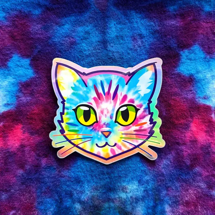 Schlady - Wholesale Sticker - Rainbow Tie Dye Kitty - Holographic Cat Sticker1