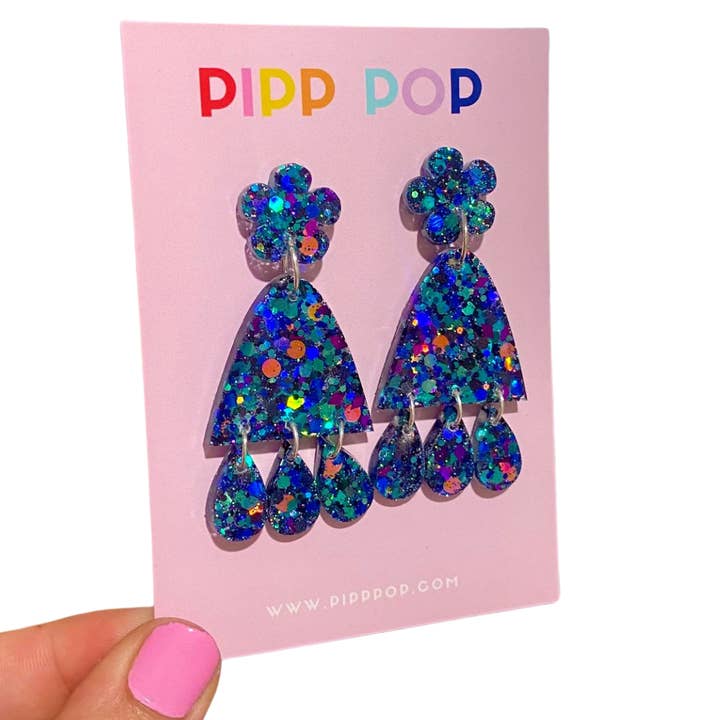 Pipp Pop – wholesale Dangle earrings – Suzie Glitter Dangles - Blue Illusion - 2 styles available5