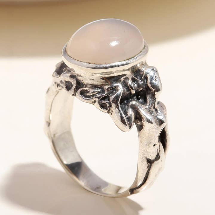 The Mystic Blush: Rose Quartz Sculptural Silver Ring for wholesale by AG 925 JEWELLERY