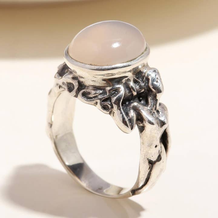 The Mystic Blush: Rose Quartz Sculptural Silver Ring for wholesale by AG 925 JEWELLERY