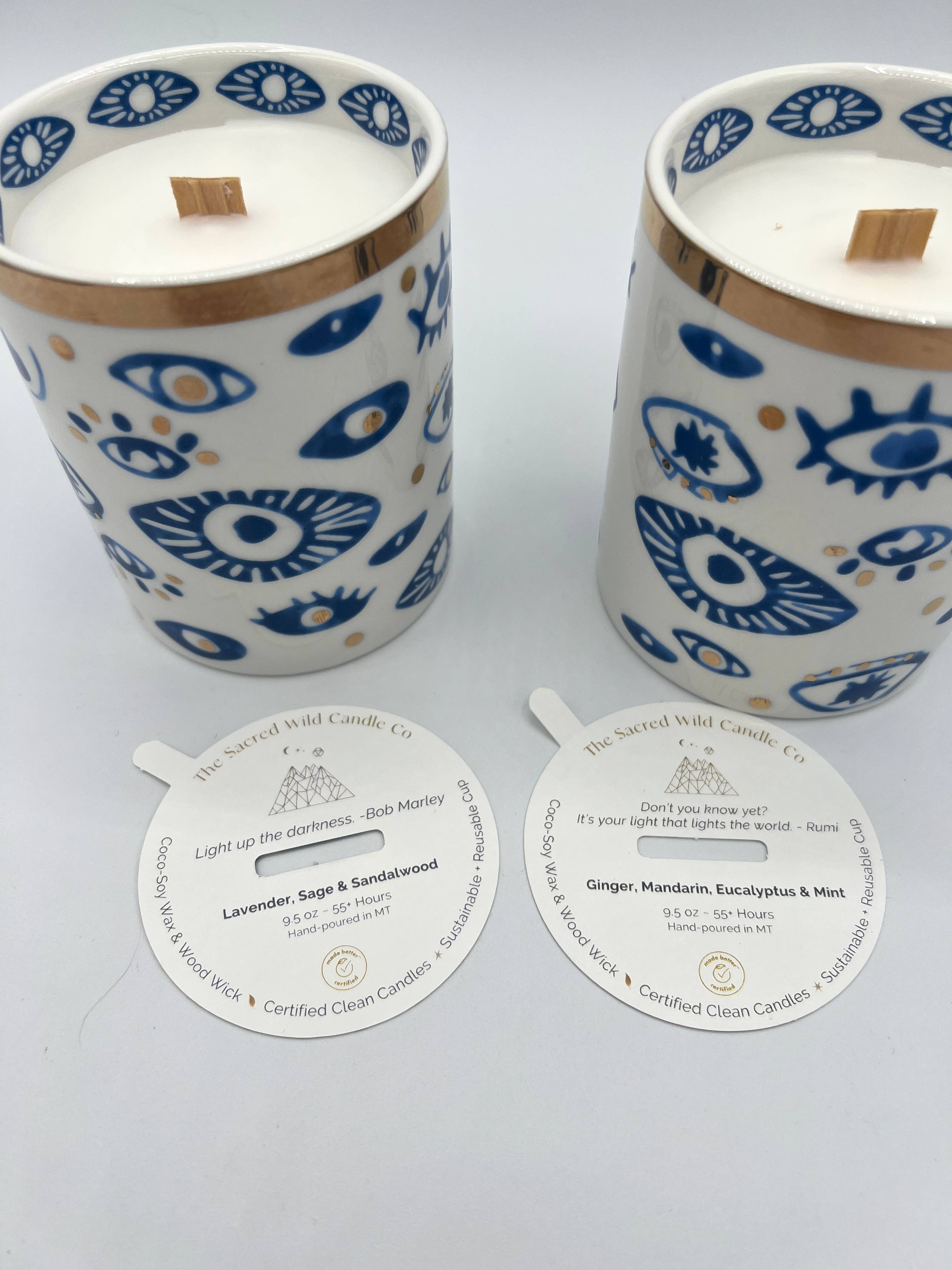 The Sacred Wild Candle Co - Wholesale Novelty Candle - NEW! Beautiful Gold, Blue & White Ceramic "Evil Eye" Candle 7