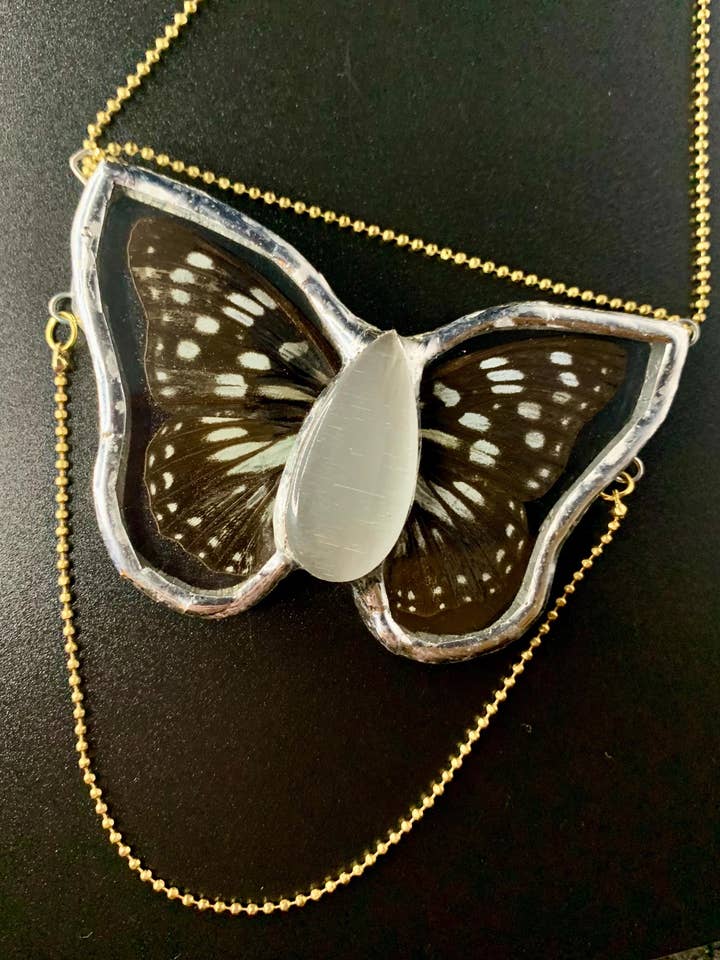 Butterfly Taxidermy Pendant Necklace with Crystal & Chain for wholesale by Outsider Artshop