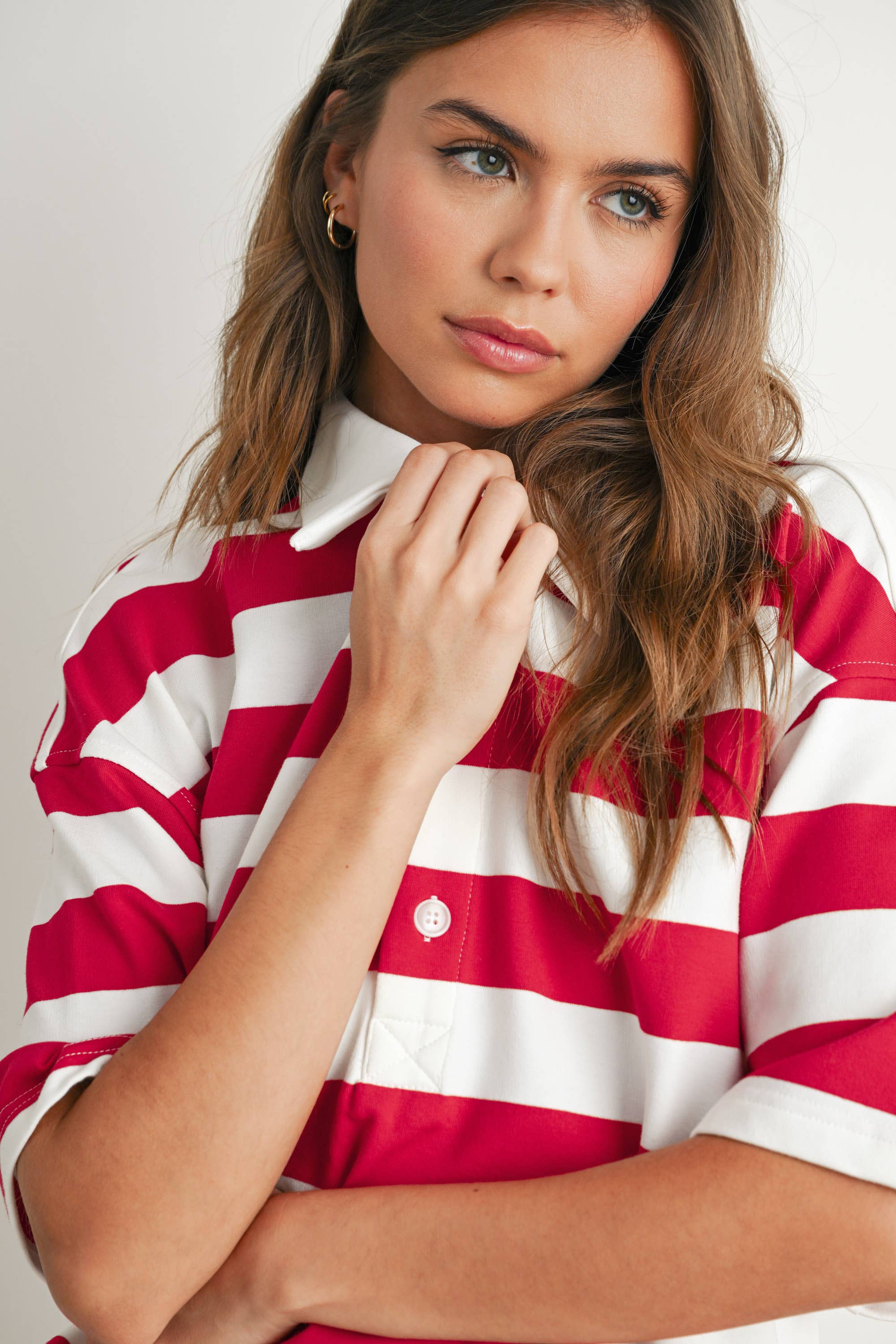 BUTTERMELON - Wholesale Polo - Women's - Striped Oversized Polo Shirt - BMT771015
