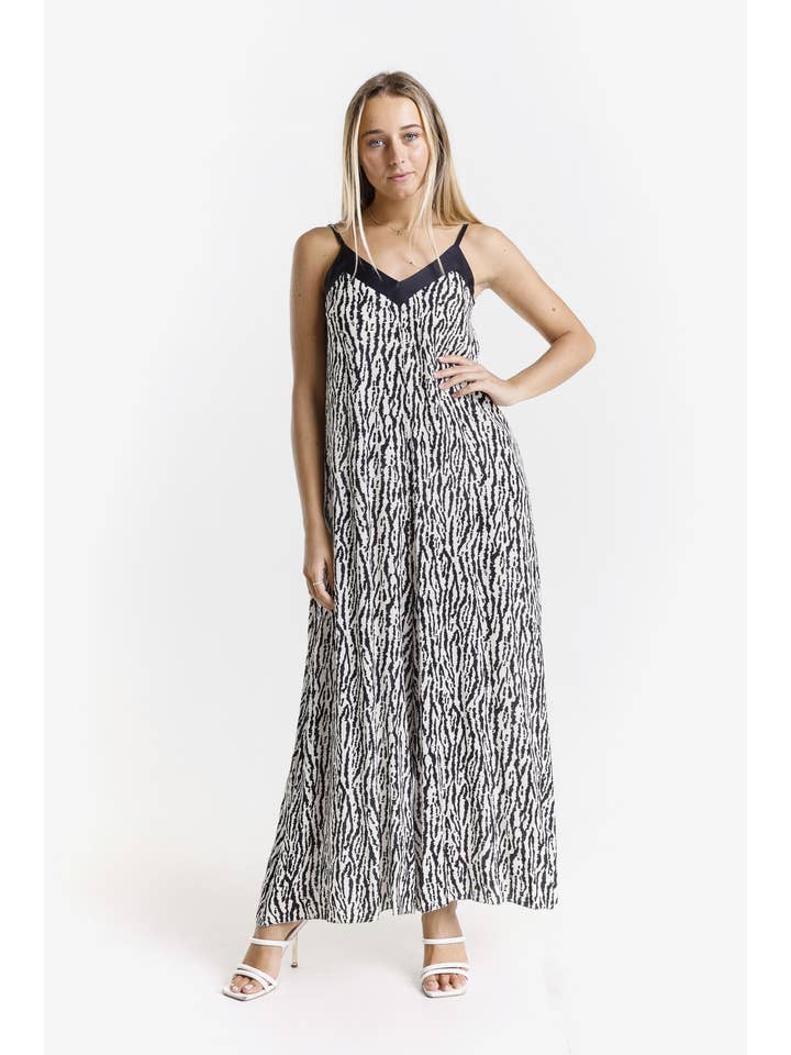 TINA Stephens Italy/Tees By Tina - Wholesale Jumpsuit - Women's - Selena Rain Print Jumpsuit with Satin Trim (DT226R)