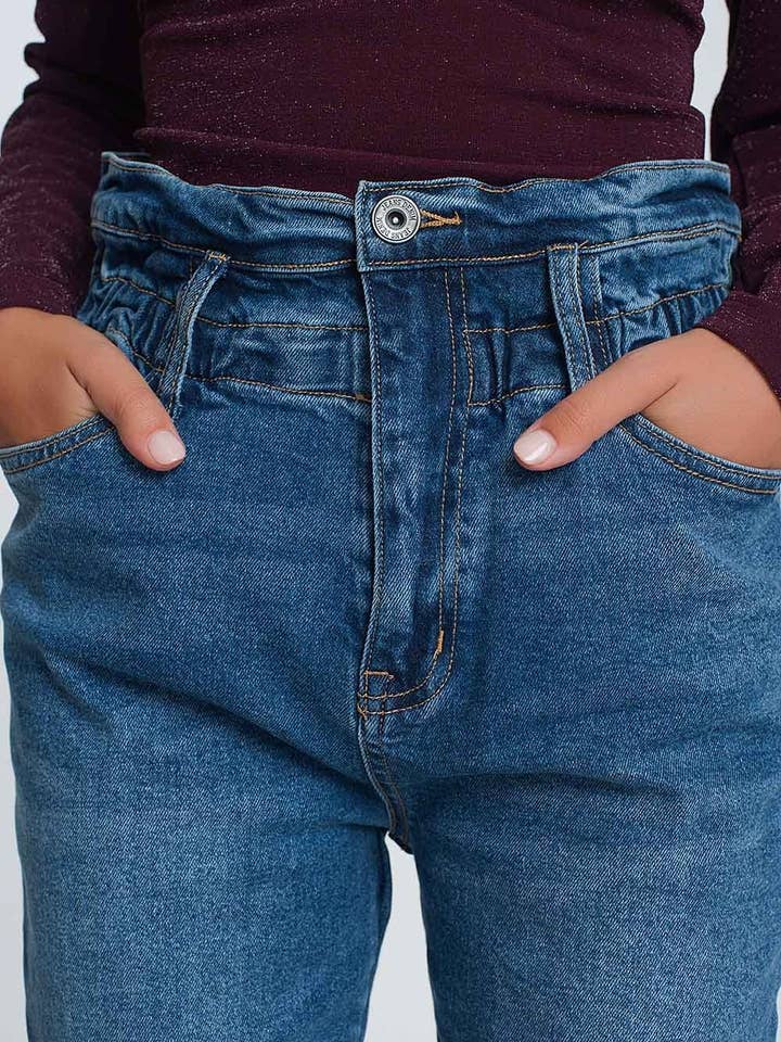 Paper bag waist mom jean in dark wash blue for wholesale on Faire