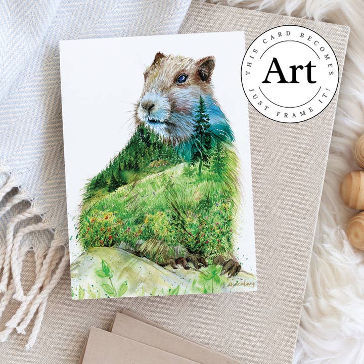 Alan - Murmeltier Sommer-Aquarell-Kunstkarte für den Großhandel von Elena Markelova Arts