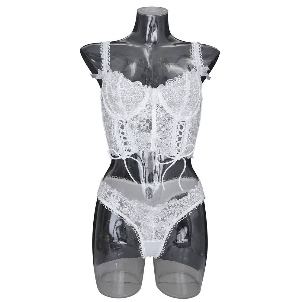 Hvid Damer Blomstret Broderi 2-delt Lingeri Korsetsæt SKLG4101 for engroshandel på Faire2