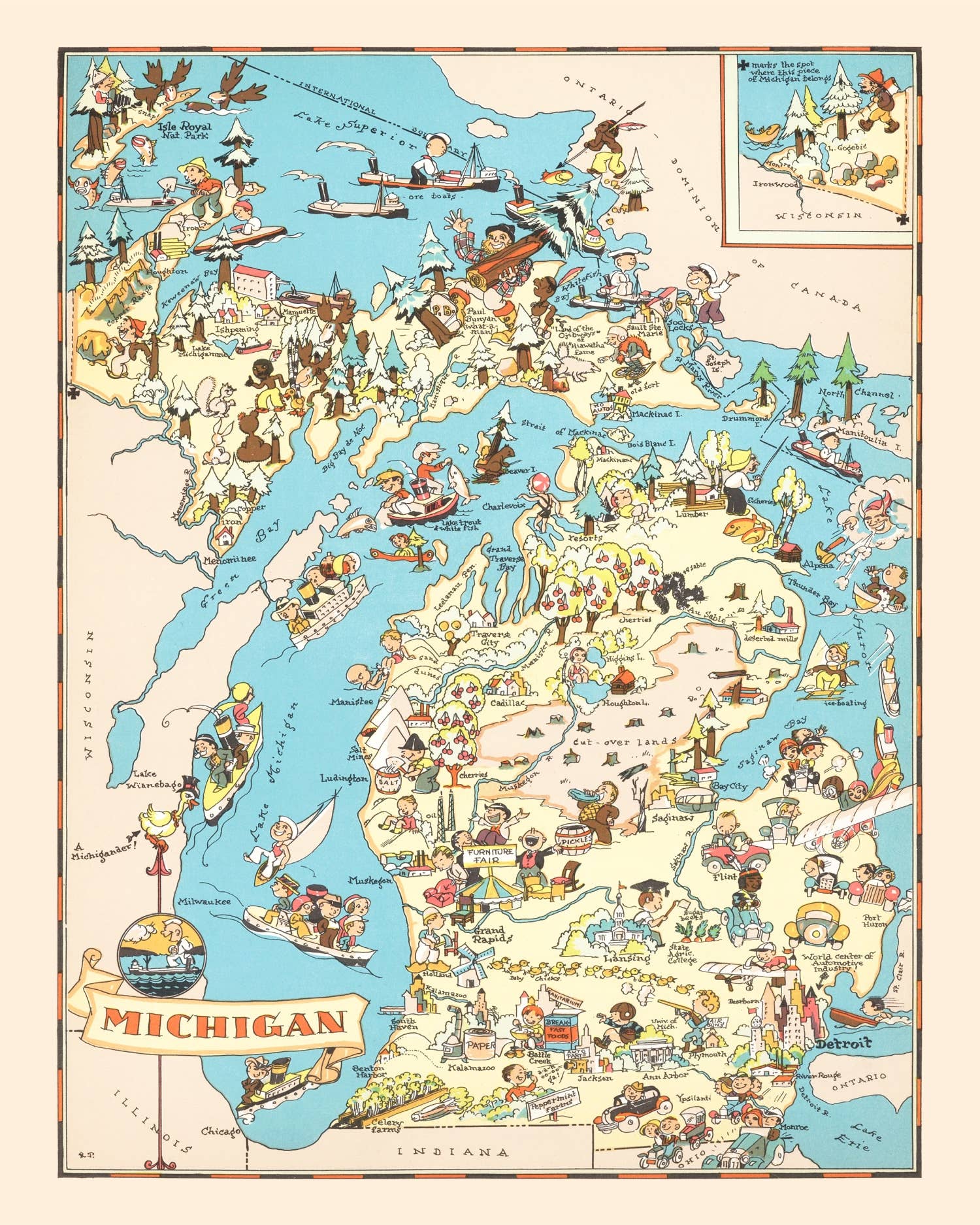 Ted's Vintage Art - Wholesale Map - Vintage Map of Michigan 19354
