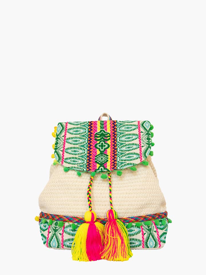 BP2301 Magdelena Aztec Cotton Backpack w/ Tassels for wholesale by Jen & Co.