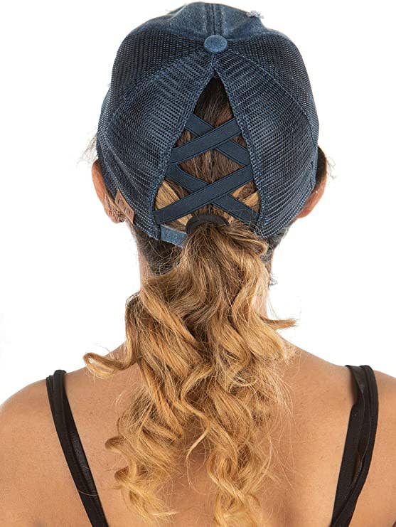 Funky Junque – Großhandel Ponytail-Cap – Damen – Criss Cross Ponycap - Denim/Navy4