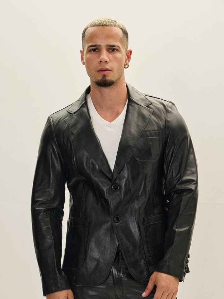 Men's Classic Two-Button Leather Blazer - Black for wholesale by Ron Tomson