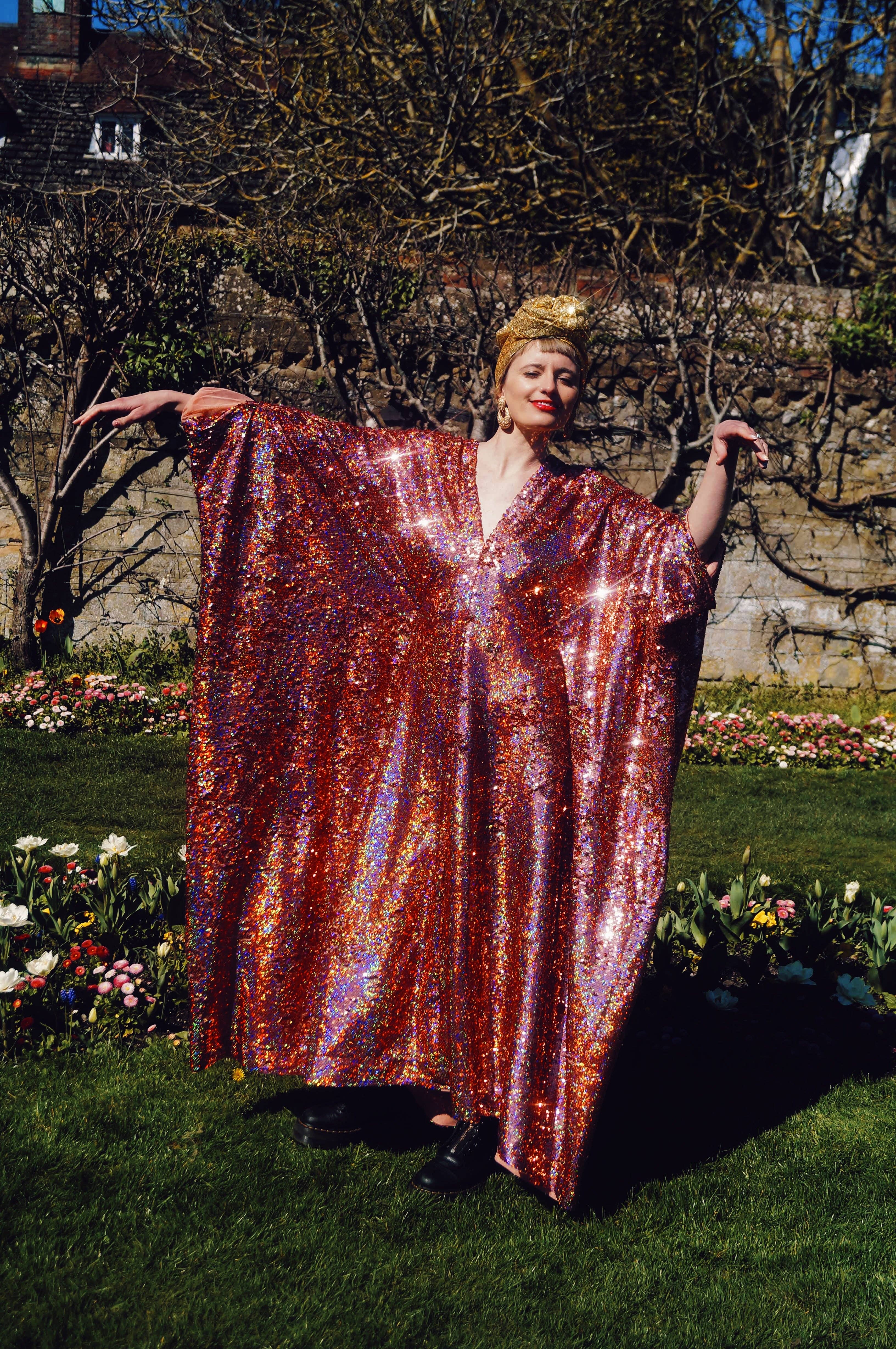 Fumbalinas – wholesale Kaftan – Women's – Rose Gold Holographic Sequin V-neck Kaftan Gown14