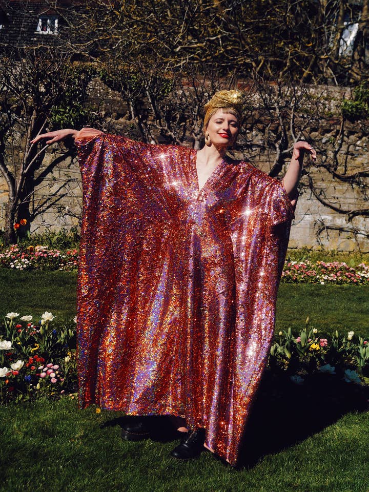 Fumbalinas - Wholesale Kaftan – Women's - Rose Gold Holographic Sequin V-neck Kaftan Gown14