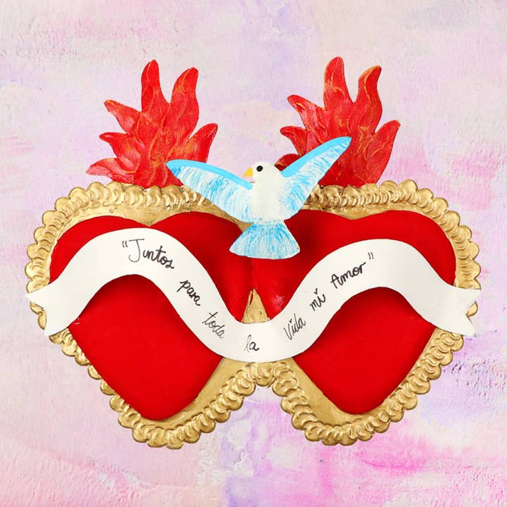 Maxi Double Heart ex Voto Artesanal mexicano con paloma para venta al por mayor de PINK PAMPAS