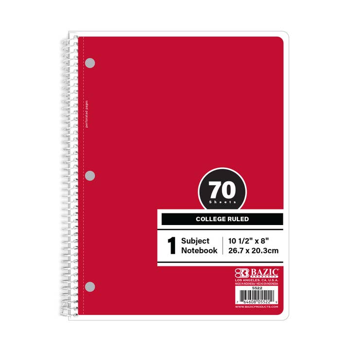 Cahier Spirale Rouge C/R 1-Sujet 70 Pages. pour la vente par BAZIC Products