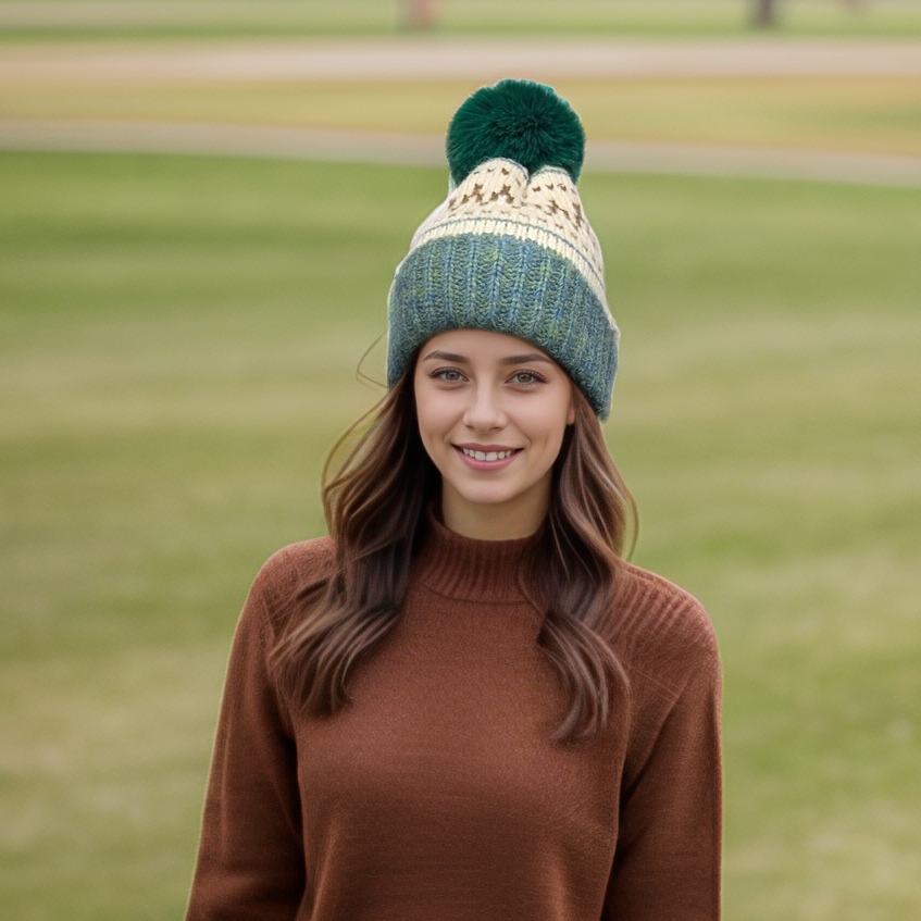 Black Ginger - Wholesale Beanie - Women's - Fair Isle Pattern PomPom Hat - Green5