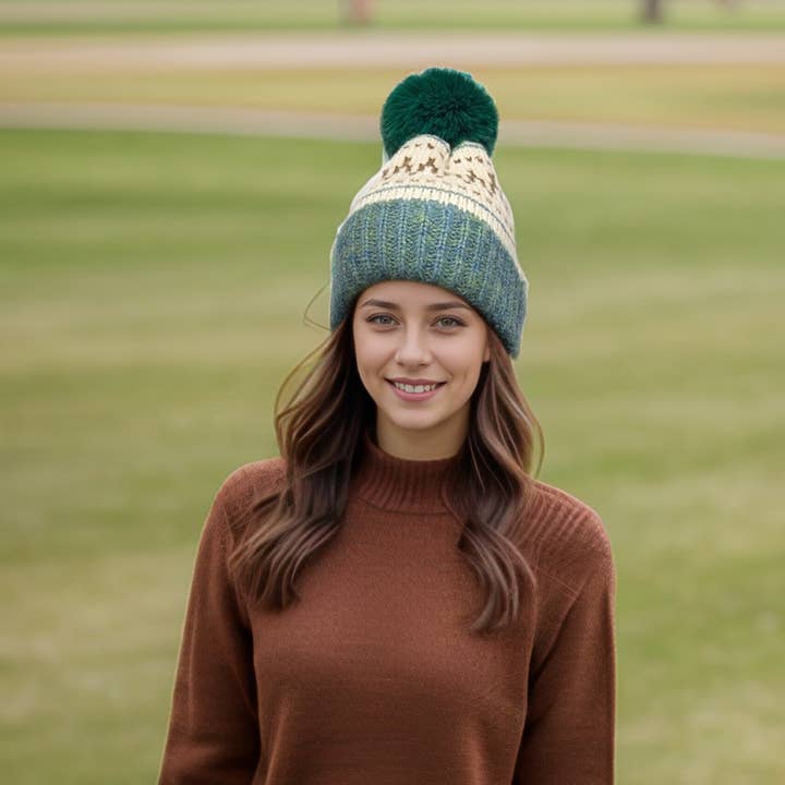 Black Ginger - Wholesale Beanie - Women's - Fair Isle Pattern PomPom Hat - Green5