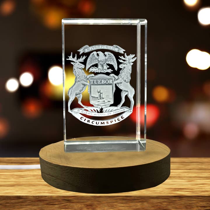 Michigan State Coat of Arms Engraved Crystal Gift for wholesale by AB Crystal Collection