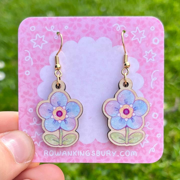 Forget-Me-Not Wooden Earrings for wholesale by Rowan Kingsbury