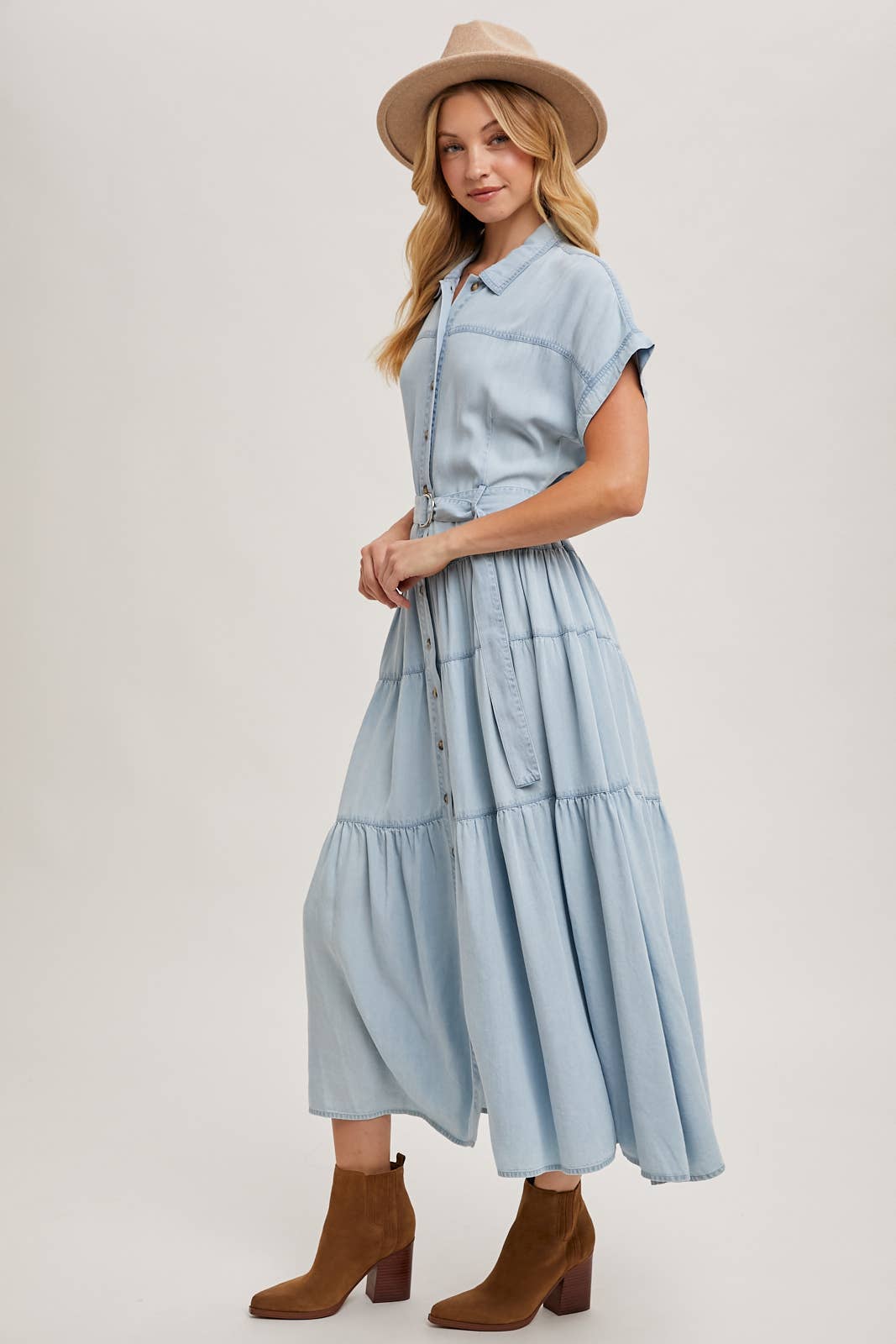 Bluivy - Wholesale Dress - Women's - BUTTON FRONT SHORT SLEEVED TIERED MAXI DENIM DRESS17