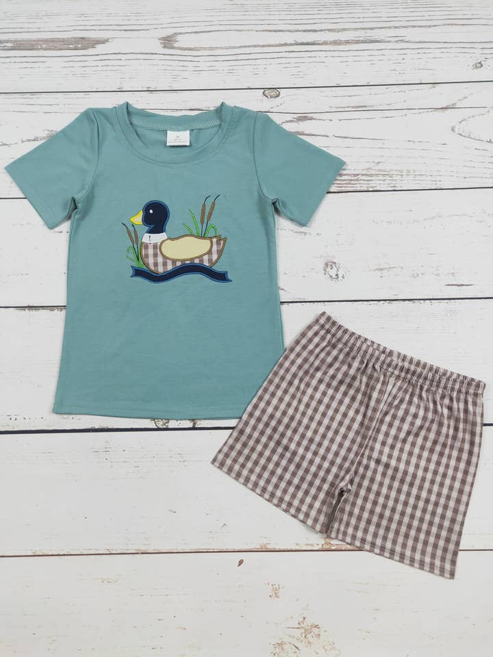 Conjunto de pantalones cortos con apliques de pato a cuadros para niños para venta al por mayor de sassy kids palace