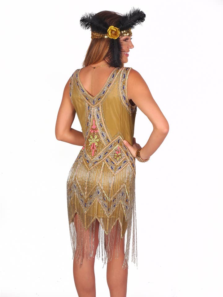 Western Fashion - Wholesale Dress - Women's - Gold Flapper Beaded Sequin Dress With Beaded Fringes - 3xl3