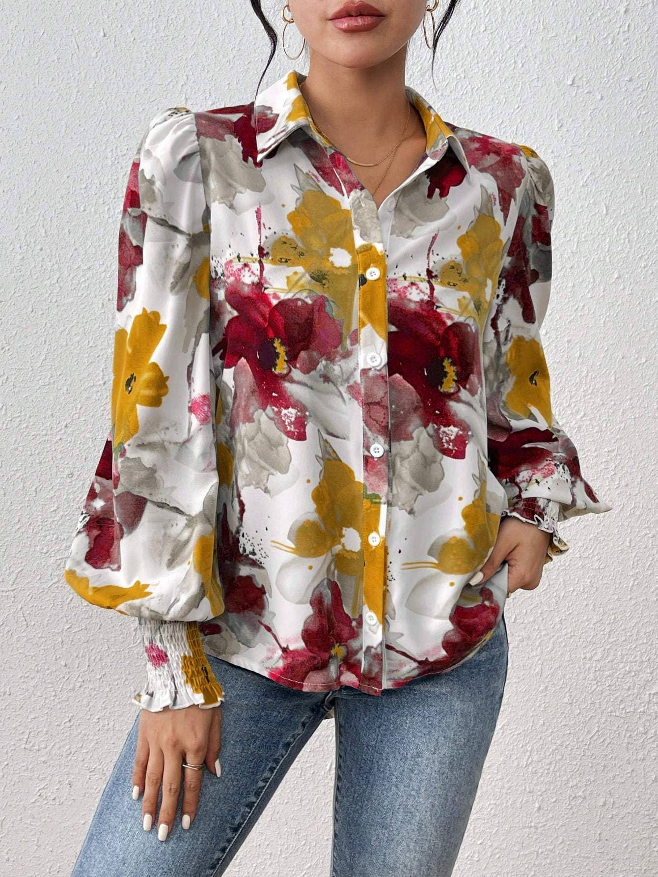 Fashion Combination - Wholesale Button Down Shirt - Women's - priv floral print lantern sleeve shirt12