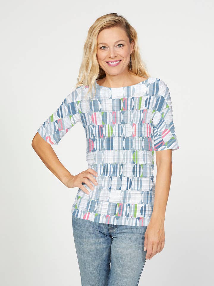 Around We Go Banded Elbow Sleeve Boat Neck Top for wholesale by Whimsy Rose