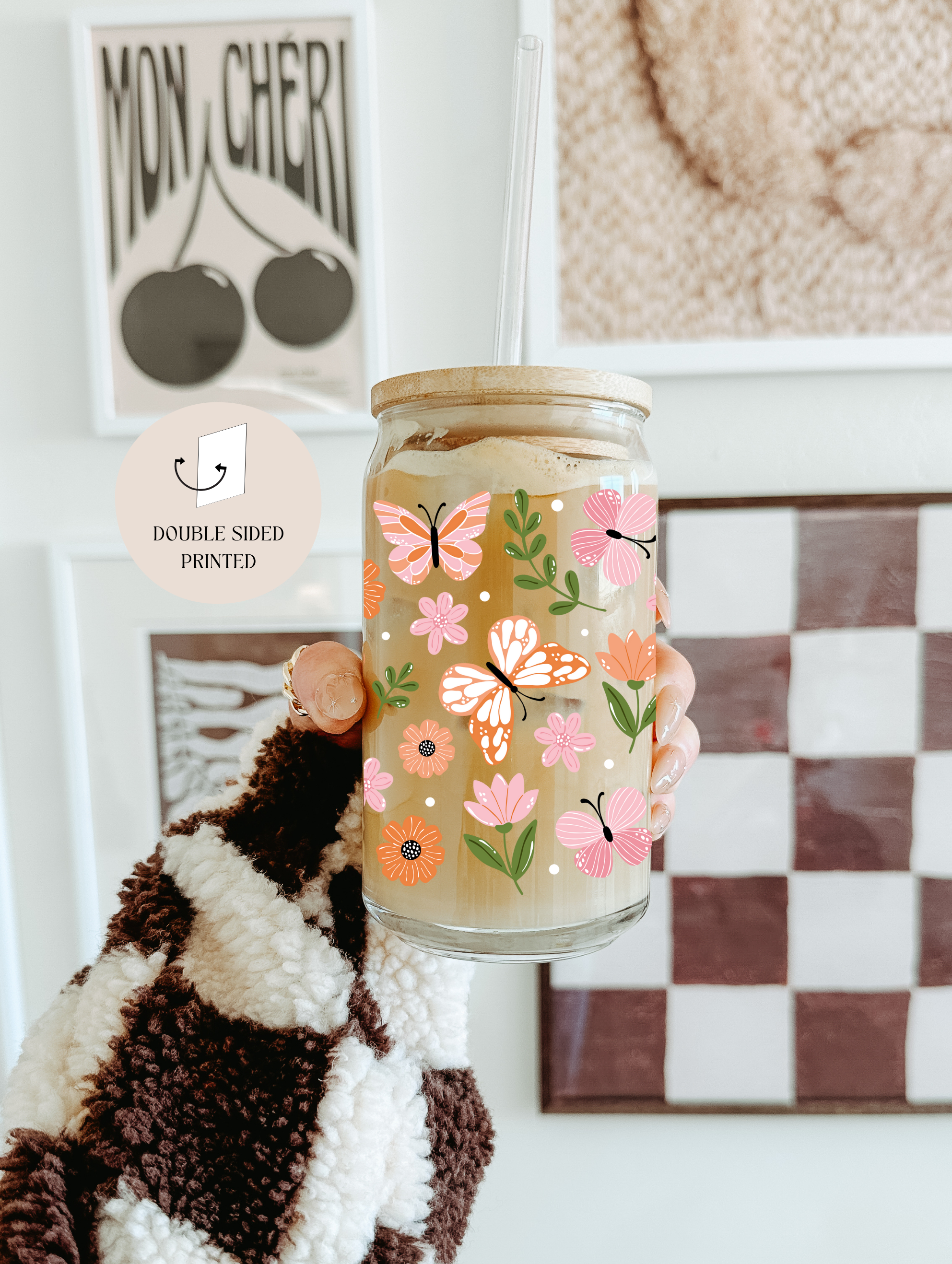 the cute cloud - Wholesale Drinking Glass/Cup - Butterfly Garden Glass Tumbler Double Sided Print with Lid and Straw2