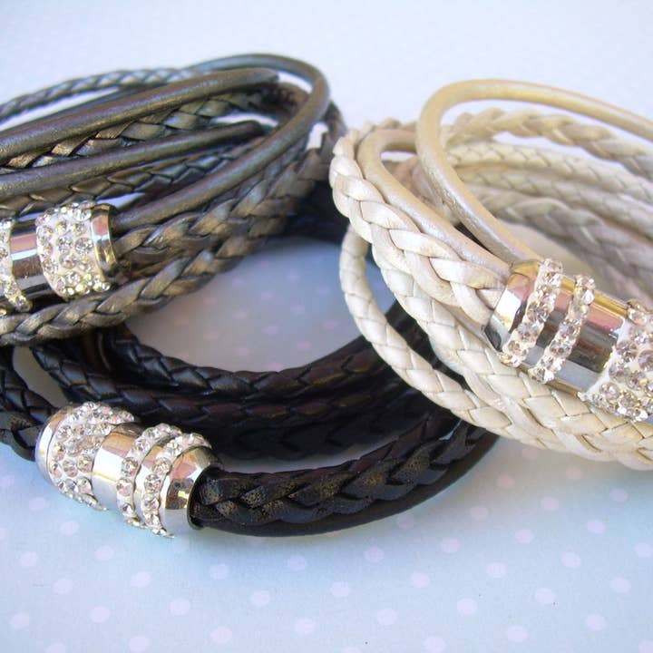 Womens Triple Wrap Leather Bracelet with Stainless Steel Magnetic Rhinestone Clasp for wholesale by Urban Survival Gear USA