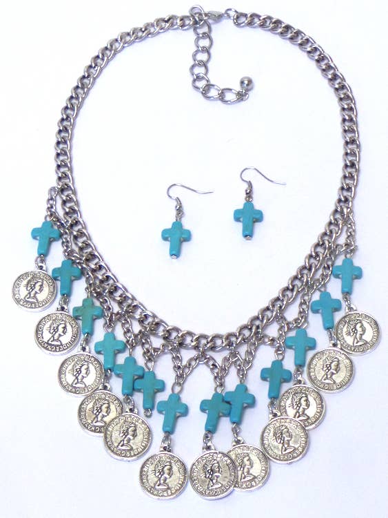 ( NX1139 ) FLERFÄRGAT TURKOS KORS OCH MYNT HÄNGSMYCKE SET för wholesale av Jewelry Max