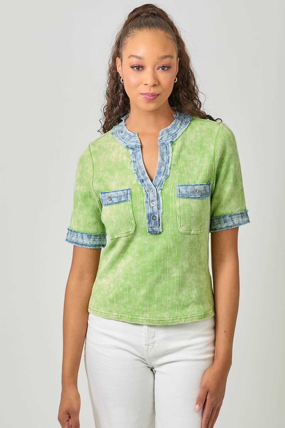 Mystree - Wholesale Blouse - Women's - 60981 Frayed Denim Trim Top 22