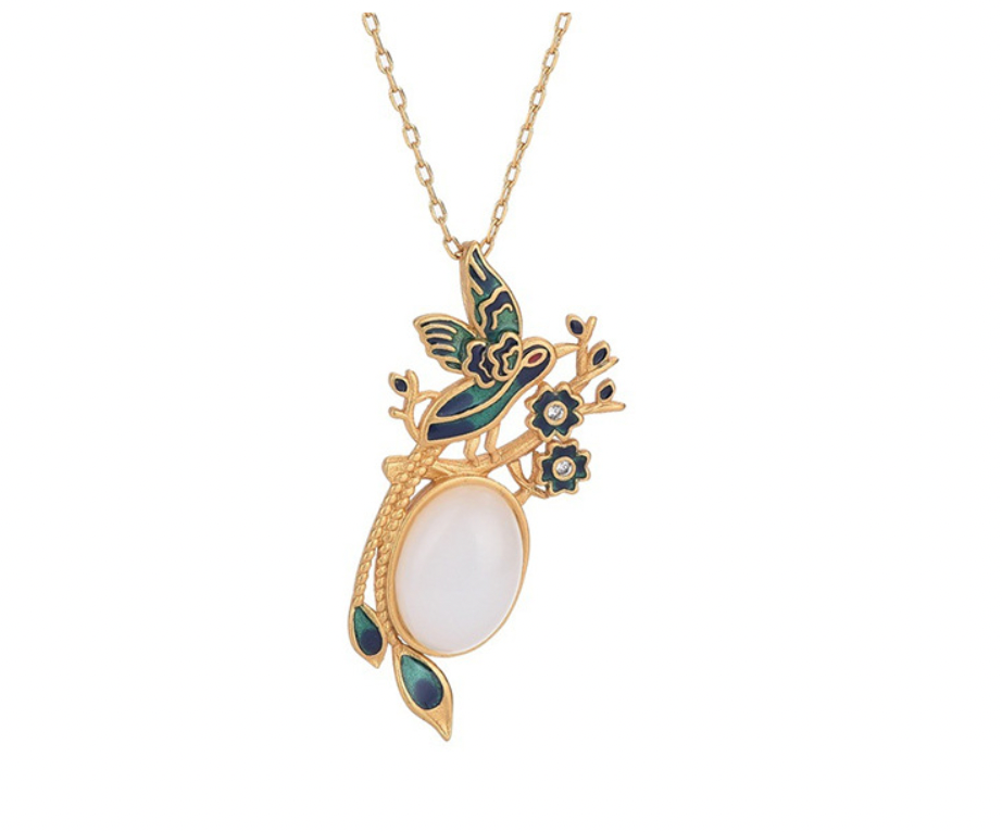 Bright MacMing - Wholesale Pendant/Charm Necklace - Enamel Hummingbird with White Jade Necklace5