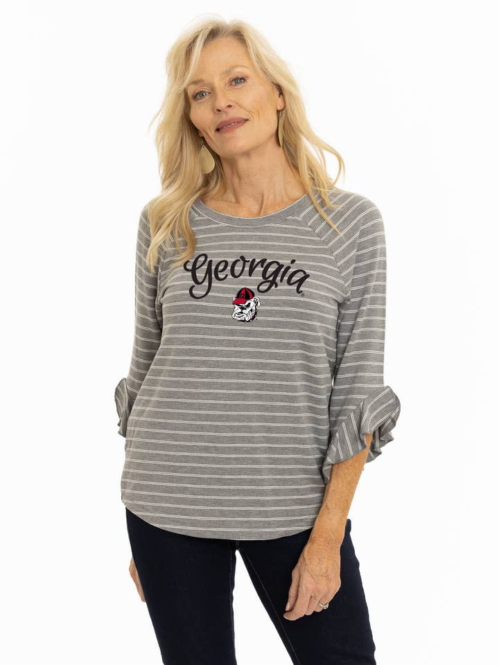 Georgia Bulldogs Striped Renata Ruffle Top for wholesale by Flying Colors Apparel