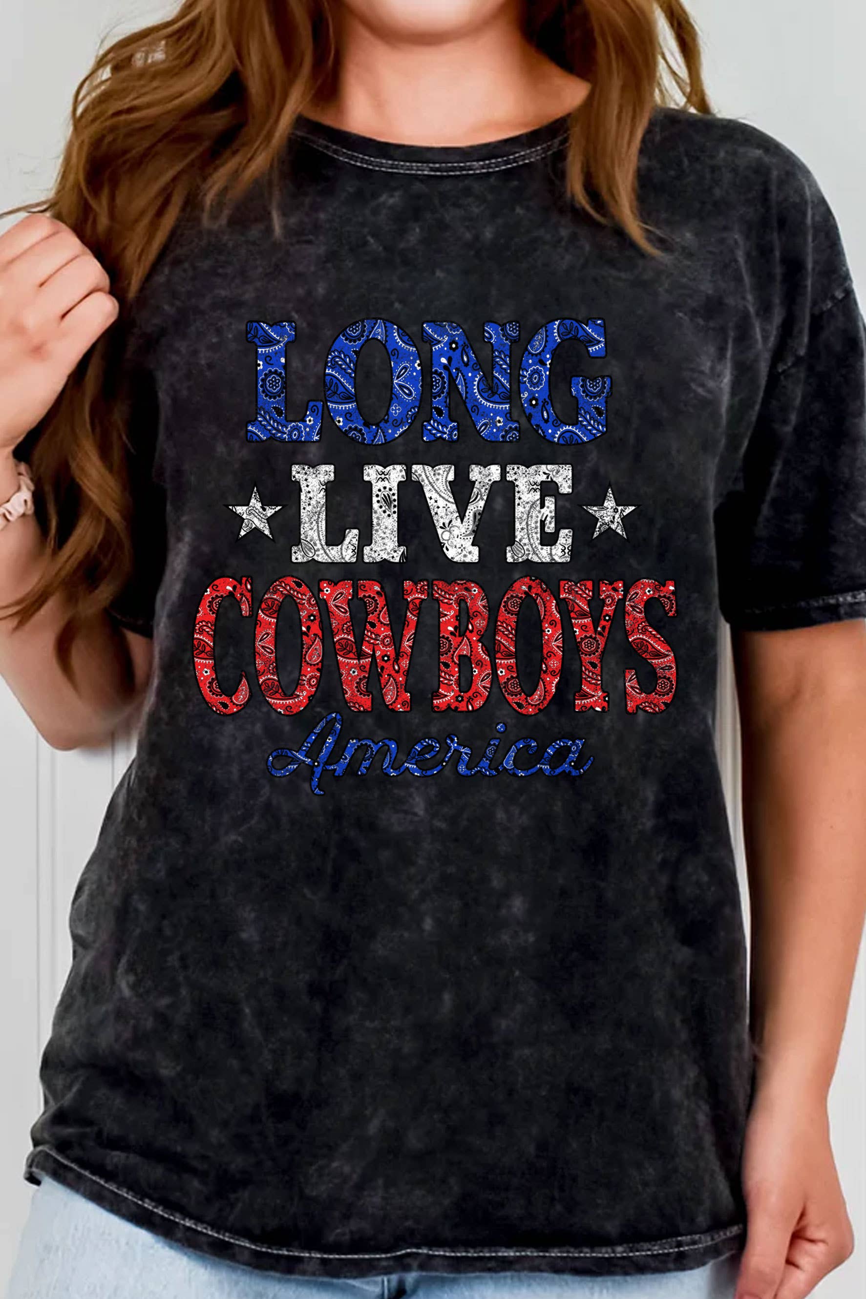 Rustee Clothing – wholesale Screen printed t-shirt – Women′s – LONG LIVE COWBOY BANDANA MINERAL GRAPHIC TSHIRTS0