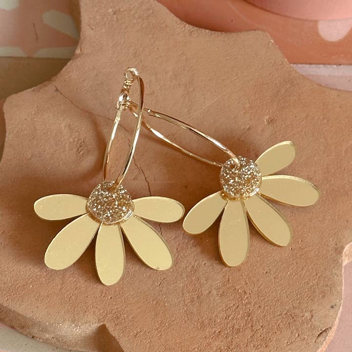 Foxie Collective - Wholesale Dangle Earrings - Jumbo Daisy Hoop Earrings | Gold + Gold Glitter | WHOLESALE0