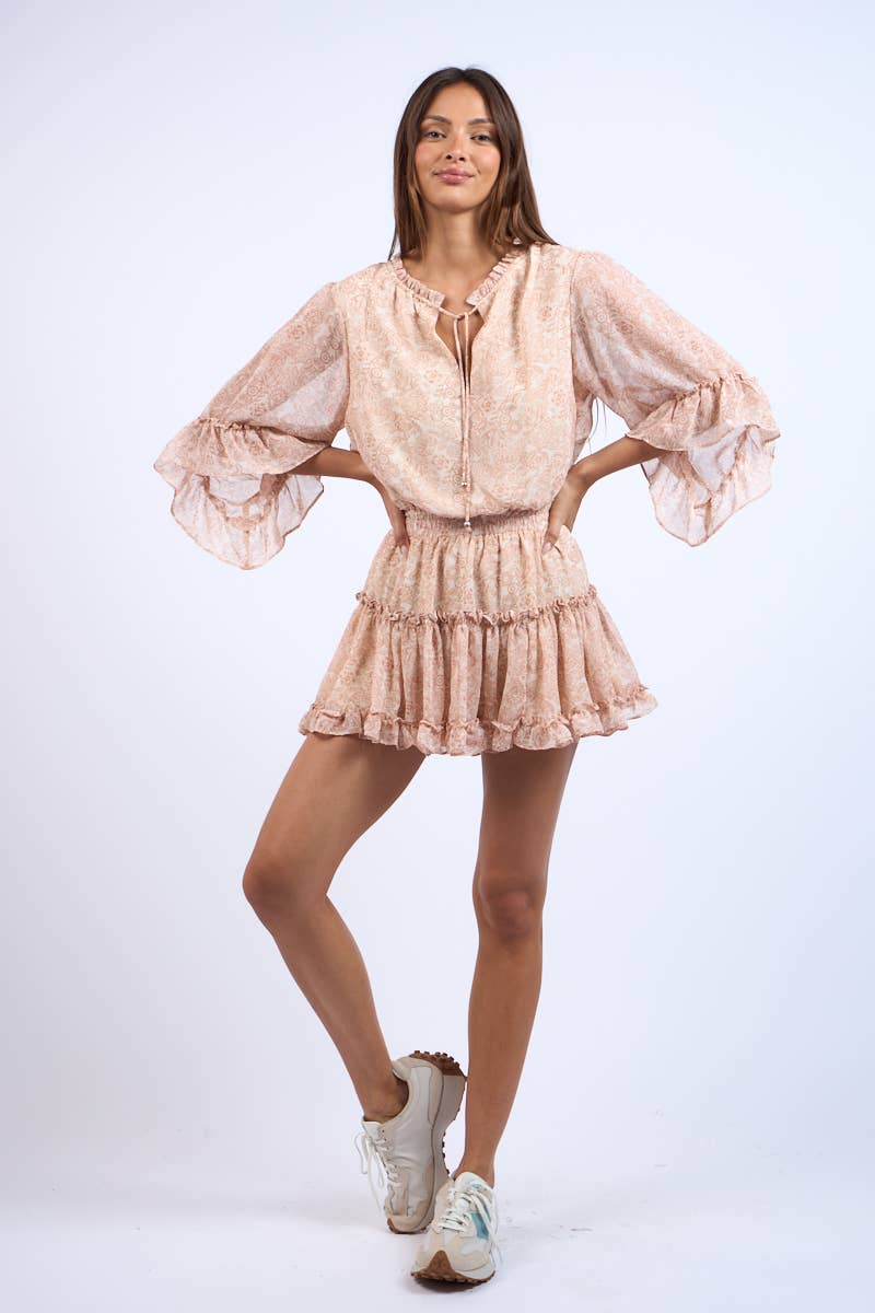 Young Deer CANTALOUPE FLARE SLEEVE RUFFLE TIERED MINI DRESS for wholesale on Faire2
