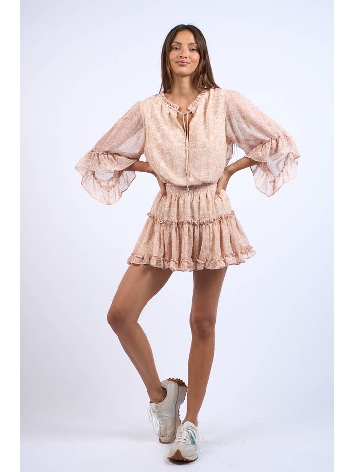 Young Deer CANTALOUPE FLARE SLEEVE RUFFLE TIERED MINI DRESS for wholesale on Faire2