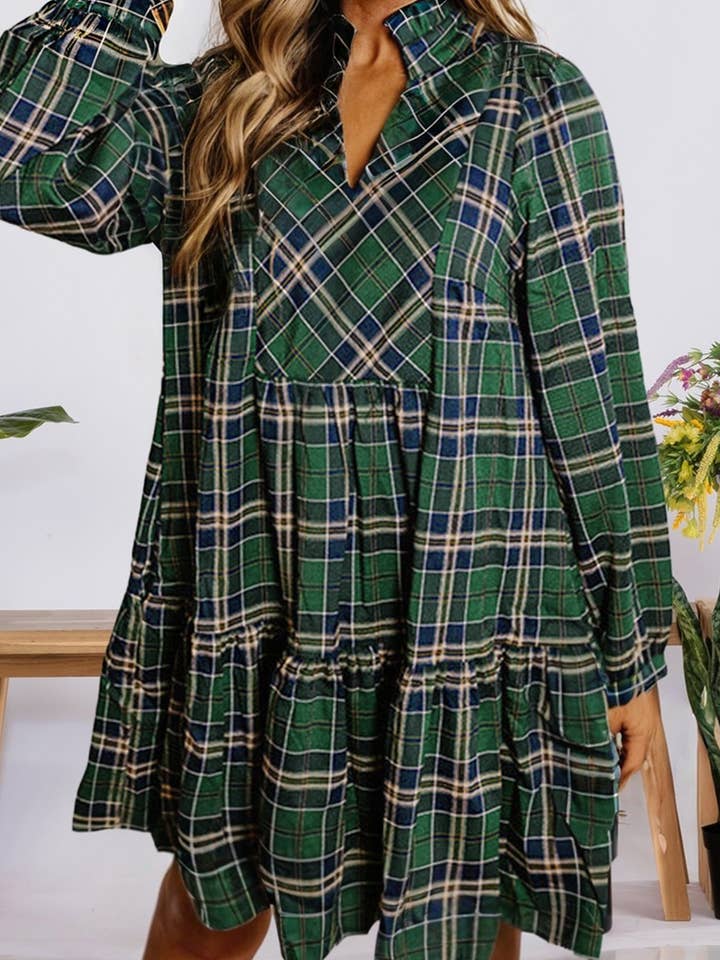 Christmas Plaid Print Notched Neck Shift Mini Dress (S-4X) for wholesale by 66DISCO