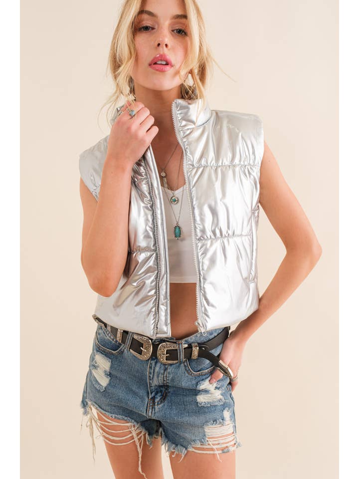 Blue B - Wholesale Outerwear Vest - Women's - 22656J - Gloss Shiny PU Quilted Puffer Zip Up Crop Vest13