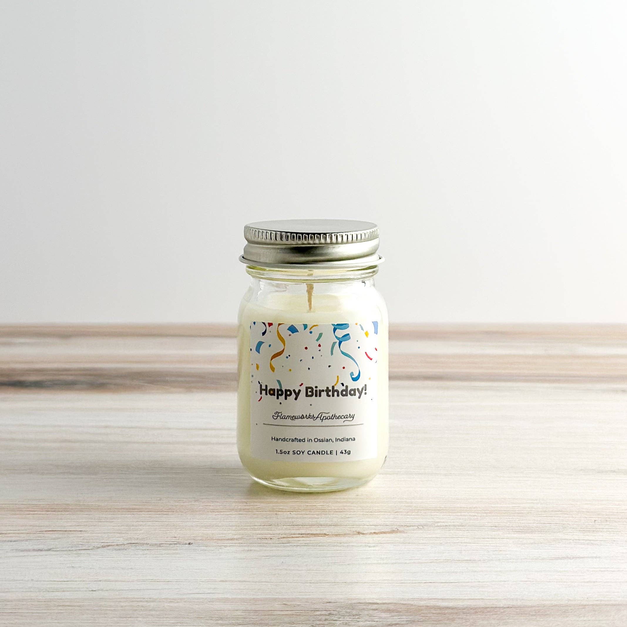 Flameworks Apothecary – Großhandel Kerze im Glas / gefüllte Kerze – Alles Gute zum Geburtstag 1,5 oz Mini-Mason-Glas-Kerze