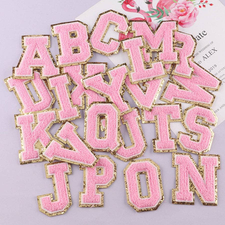 Light Pink Chenille Iron On Gold Glitter Letter Patches for wholesale on Faire1
