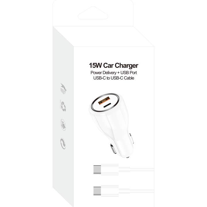 15W Car Combo With USB Car Charger And 3FT Type-C To Type-C for wholesale by Mighty Wireless