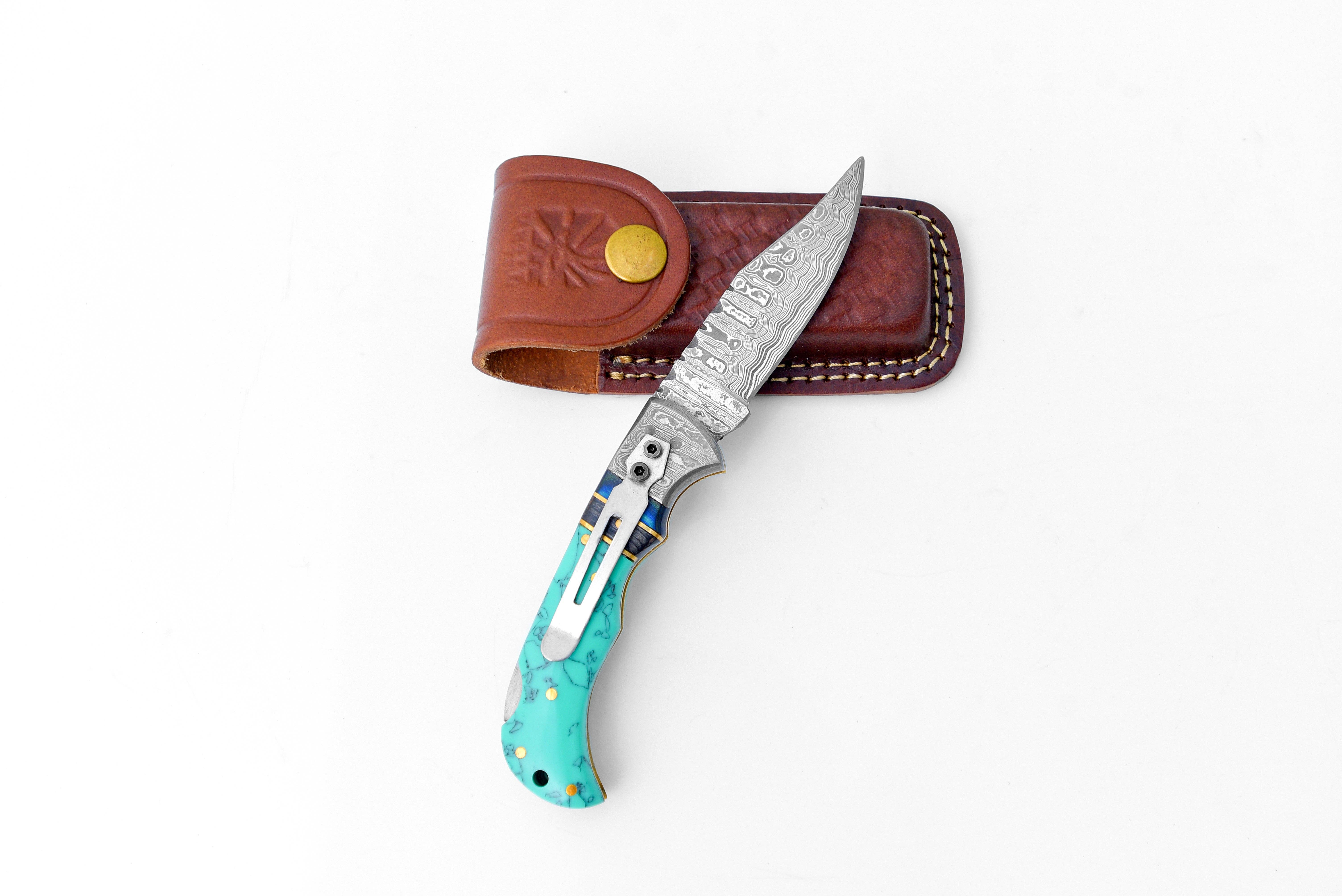 Titan International - Wholesale Pocket Knife/Holder - Damascus steel pocket knife Limited Run Turquoise Resin TF-0591
